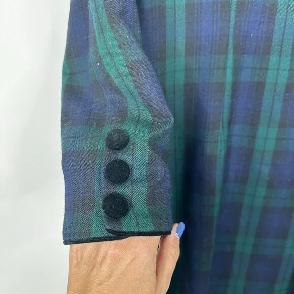 Vintage Brooks Brothers Flannel Plaid Shift Midi Dress Frock Green Blue Wool 14 - Picture 7 of 14